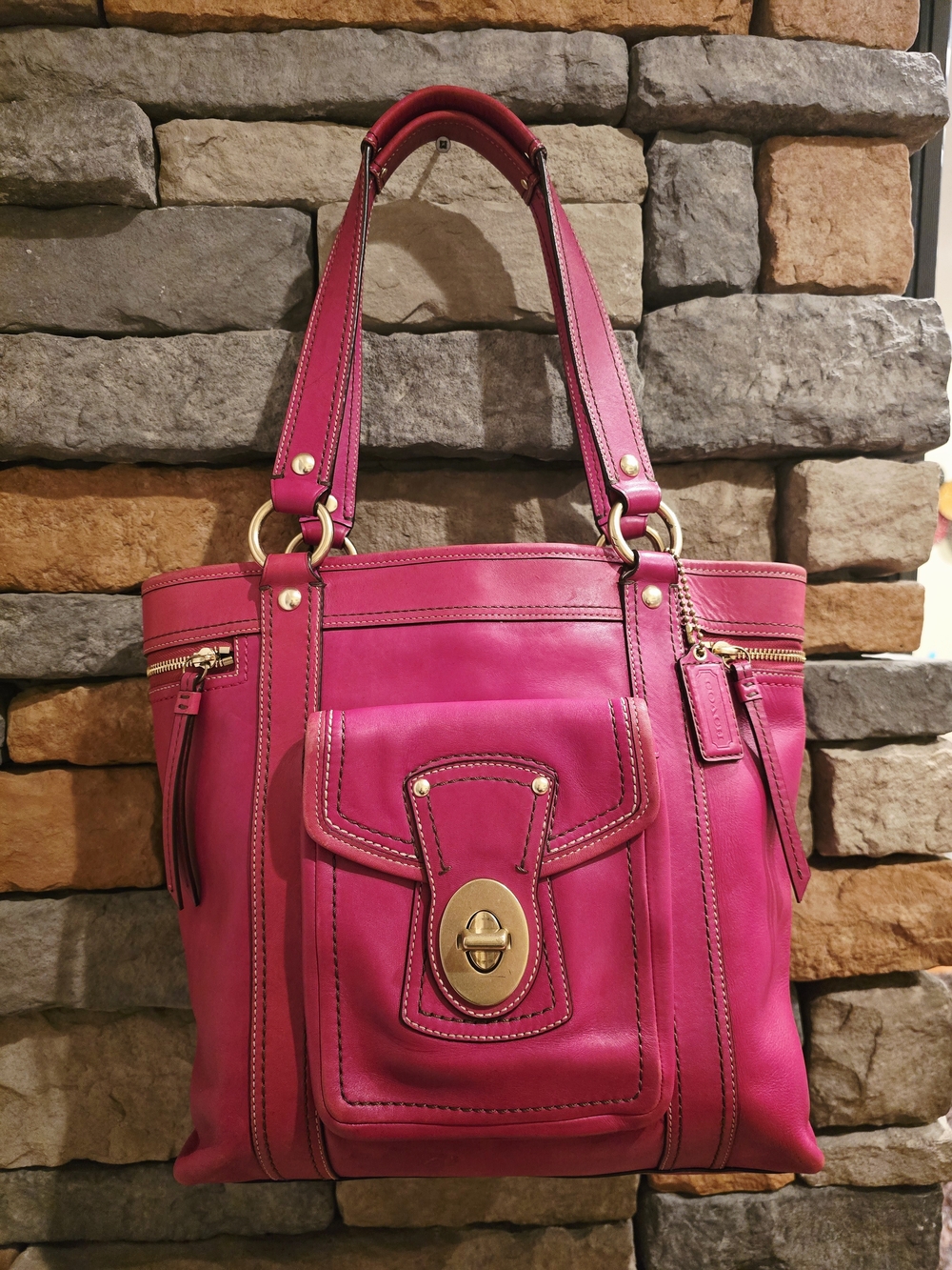 COACH F12888 Gigi Slim Raspberry Pink Leather Turnlock Tote Shoulder Bag *flaws*